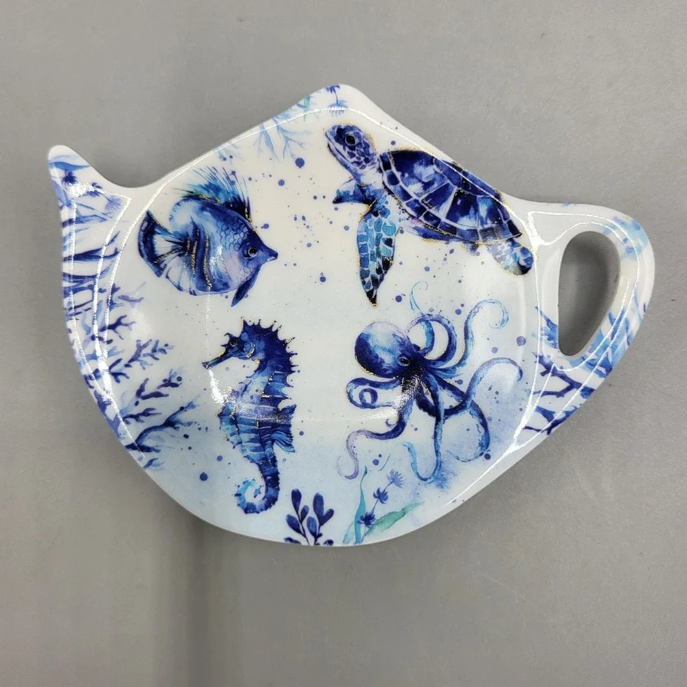 UP Tea Bag Rest Holder Spoon Rest Under Sea Octopus Turtle Seahorse Blue White
